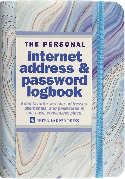 Peter Pauper Press Blue Agate internet log book with A–Z tabs for storing passwords, usernames, and notes, 144 pages.