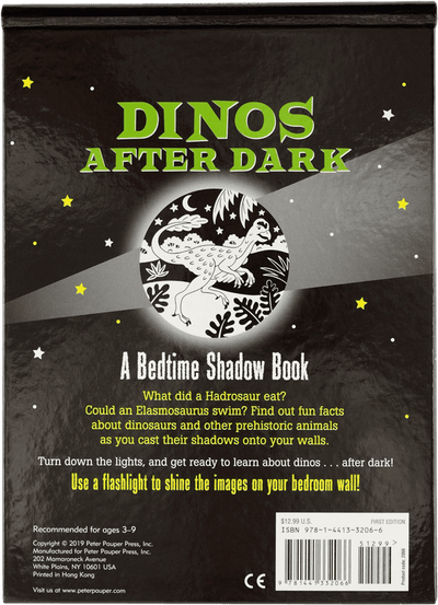Peter Pauper Press Dinos After Dark shadow book with dinosaur rhymes and light-up shadow play, ages 3 to 9.