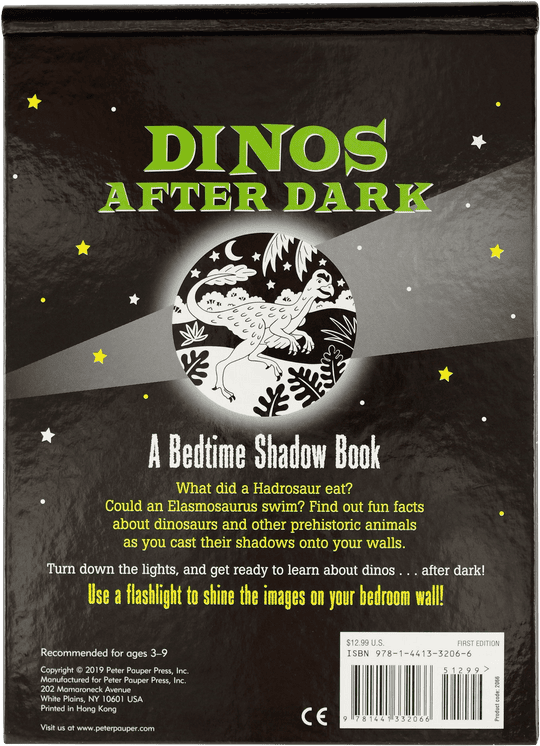 Peter Pauper Press Dinos After Dark shadow book with dinosaur rhymes and light-up shadow play, ages 3 to 9.