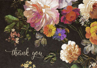Peter Pauper Press Midnight Floral Thank You Notes with gold foil accents, blank interiors, and matching envelopes in a boxed set.