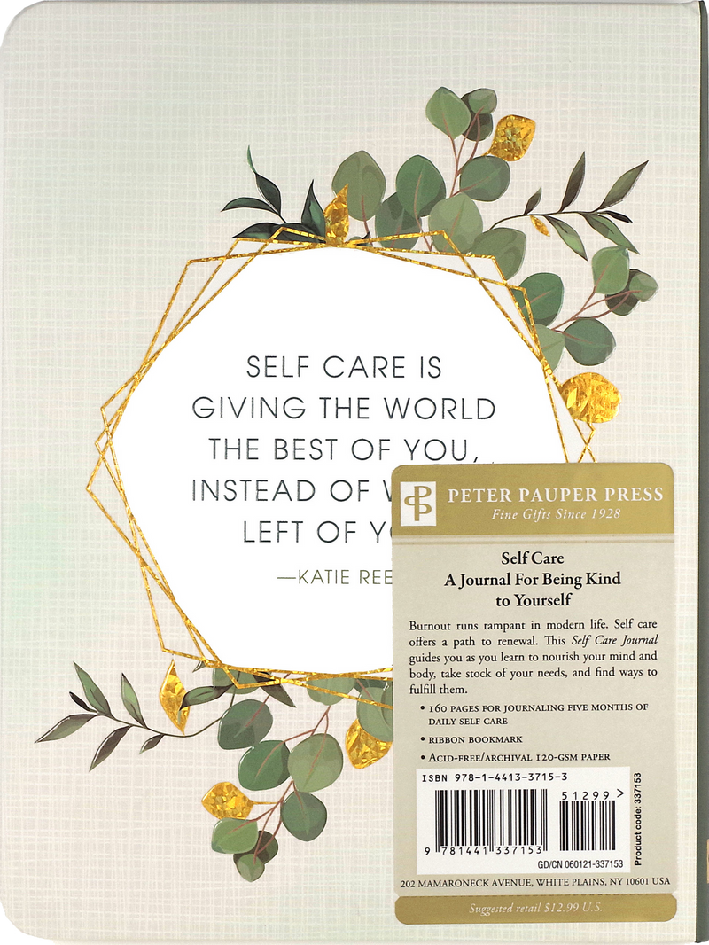 Self Care Journal with hardcover design and ribbon bookmark, features guided prompts for mental wellness and daily stress tracking.
