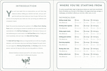 Self Care Journal with hardcover design and ribbon bookmark, features guided prompts for mental wellness and daily stress tracking.