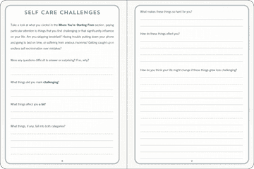 Self Care Journal with hardcover design and ribbon bookmark, features guided prompts for mental wellness and daily stress tracking.