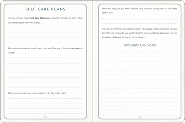 Self Care Journal with hardcover design and ribbon bookmark, features guided prompts for mental wellness and daily stress tracking.