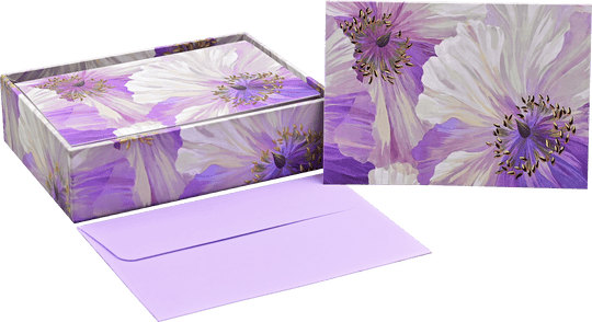 Peter Pauper Press Poppies in Bloom note cards with pink, white, and violet poppies and gold foil accents, boxed with envelopes.