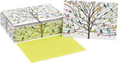 Peter Pauper Press Tree of Budgies note cards with green and blue parakeets, pink blossoms, and matching self-sealing envelopes.