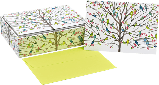 Peter Pauper Press Tree of Budgies note cards with green and blue parakeets, pink blossoms, and matching self-sealing envelopes.