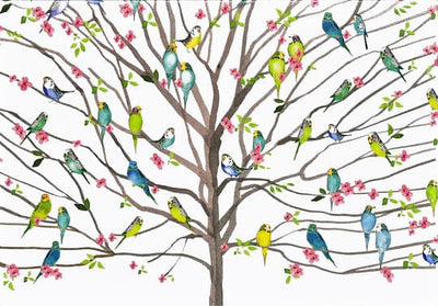 Peter Pauper Press Tree of Budgies note cards with green and blue parakeets, pink blossoms, and matching self-sealing envelopes.
