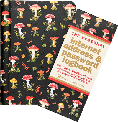 Peter Pauper Press password book with mushroom design, A-Z tabs, wire-o binding, elastic closure, and 144 pages for secure login storage.