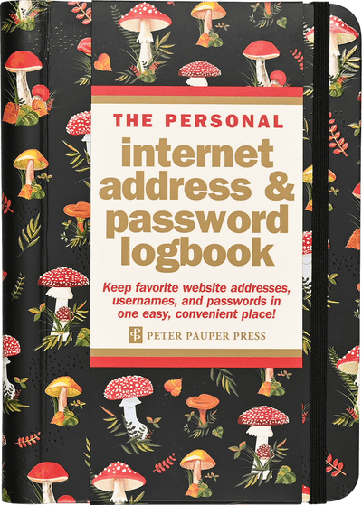 Peter Pauper Press password book with mushroom design, A-Z tabs, wire-o binding, elastic closure, and 144 pages for secure login storage.