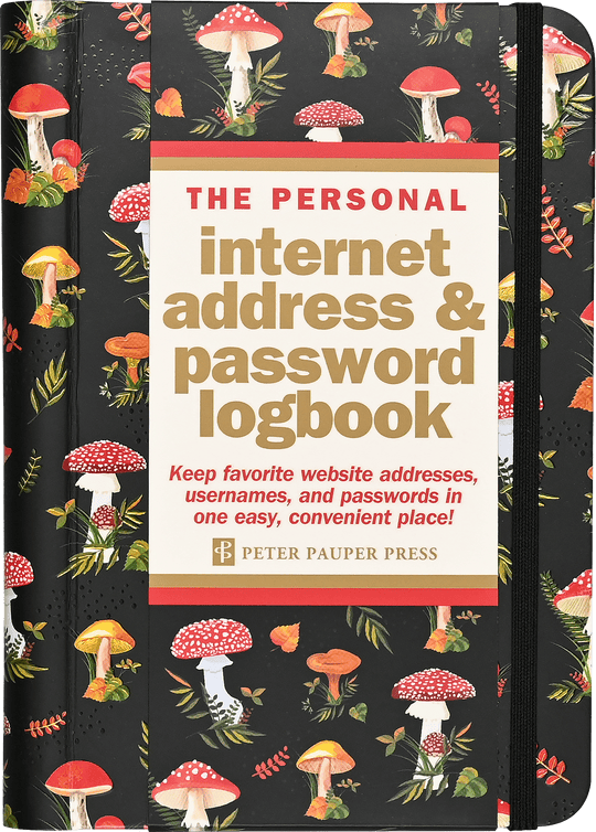 Peter Pauper Press password book with mushroom design, A-Z tabs, wire-o binding, elastic closure, and 144 pages for secure login storage.