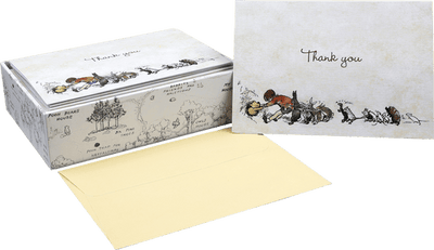 Winnie-the-Pooh thank you cards with classic Ernest H. Shepard art, blank interiors, and self-sealing envelopes by Peter Pauper Press.
