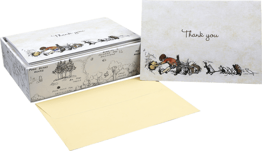 Winnie-the-Pooh thank you cards with classic Ernest H. Shepard art, blank interiors, and self-sealing envelopes by Peter Pauper Press.