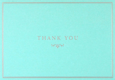 Blue thank you note cards with silver foil embossing, blank interiors, matching envelopes, and gift-ready box from Peter Pauper Press.