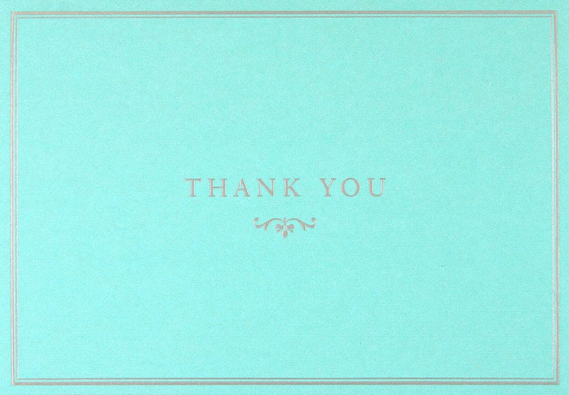 Blue thank you note cards with silver foil embossing, blank interiors, matching envelopes, and gift-ready box from Peter Pauper Press.