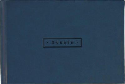 Midnight black guest book with embossed “Guests” cover, ribbon bookmark, and lined pages for names, addresses, and event memories.