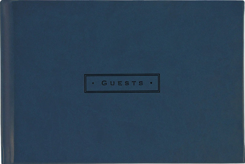 Midnight black guest book with embossed “Guests” cover, ribbon bookmark, and lined pages for names, addresses, and event memories.