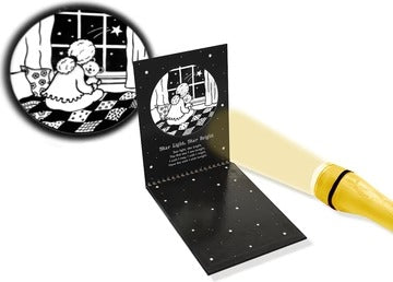 Bedtime shadow book featuring classic nursery rhymes; shine light through pages to cast comforting images on the wall at bedtime.