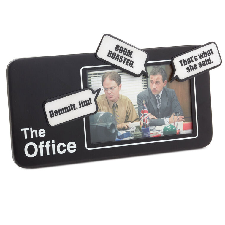 Metal 4x6 picture frame with black-and-white magnetic quote bubbles featuring iconic lines from The Office TV show.
