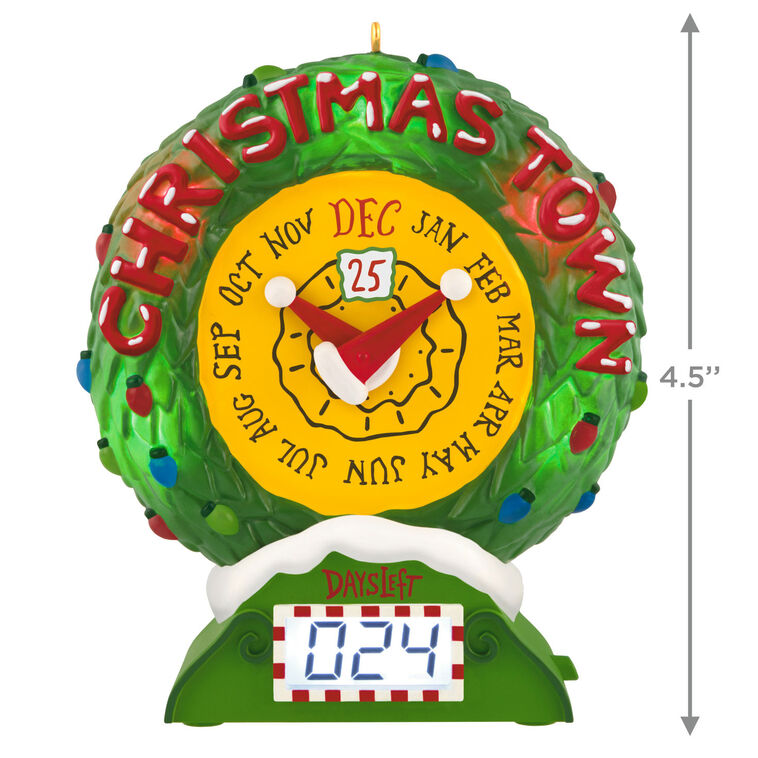 Christmas Town countdown clock ornament with lights, motion, and music from The Nightmare Before Christmas.

