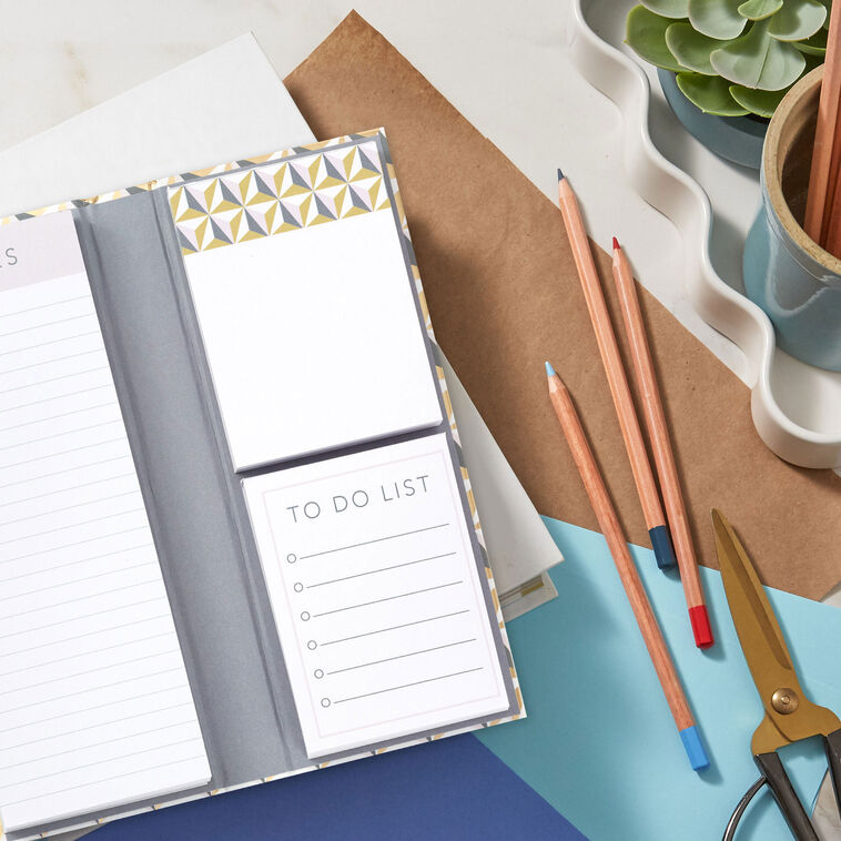 Memo pad folio with blush, pink, gray, and gold geometric cover, includes lined and blank note pads inside.
