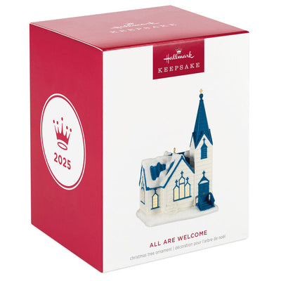 White church ornament with blue roof, steeple, and glowing windows, designed to light up with miniature Christmas light string.