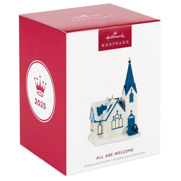 White church ornament with blue roof, steeple, and glowing windows, designed to light up with miniature Christmas light string.