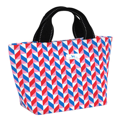 Pink insulated lunch bag with zip closure, back zipper pocket, and foam lining, fits snacks, drinks, and easily packs into totes.