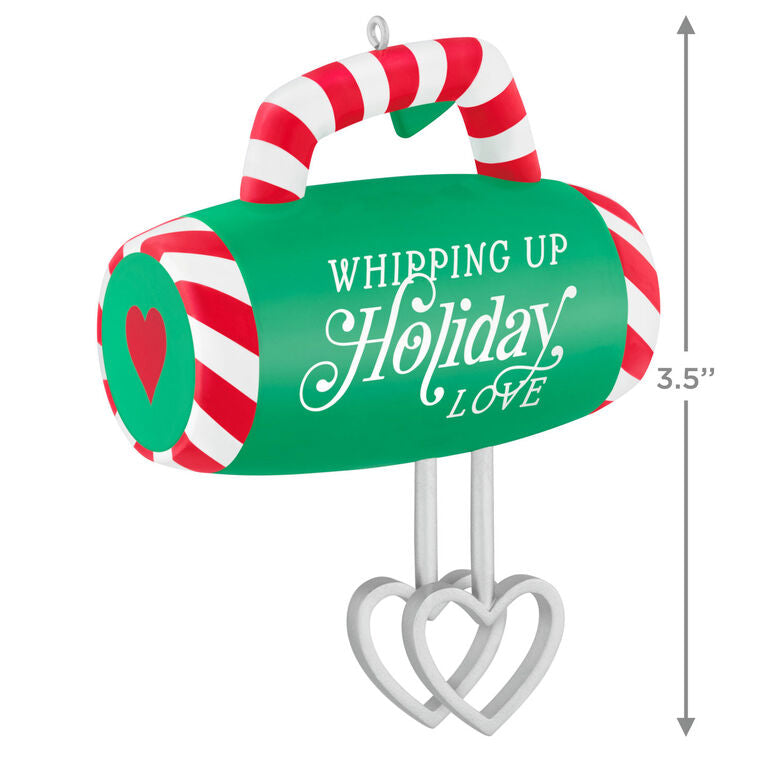 Green hand-mixer Christmas ornament with candy cane stripes and heart-shaped beaters, festive holiday kitchen decor

