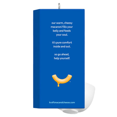 Hallmark ornament of Kraft Mac & Cheese blue box with bowl of cheesy pasta and spoon.