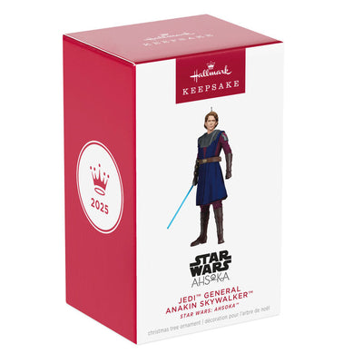 Mini Anakin Skywalker ornament in blue and burgundy Jedi armor holding blue lightsaber, Hallmark Star Wars Ahsoka Christmas collectible