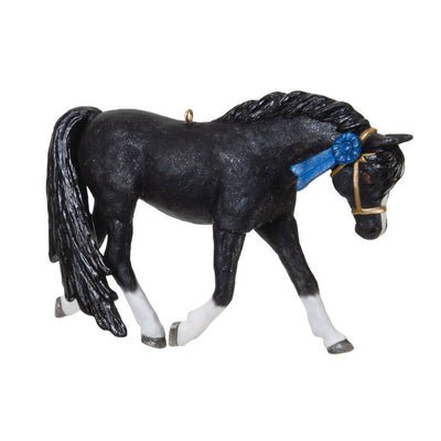 Glossy black Welsh Pony Christmas ornament with white socks and blaze, posed in extended trot, equestrian gift

