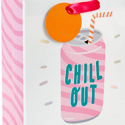 Hallmark gift bag with pink-striped soda can design, green “Chill Out” lettering, bent straw, and die-cut orange tag.