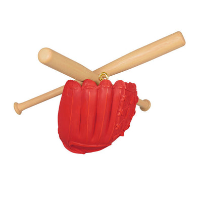 Red baseball glove ornament with 2025 baseball and crossed bats, celebrating the season’s MVP or favorite coach.