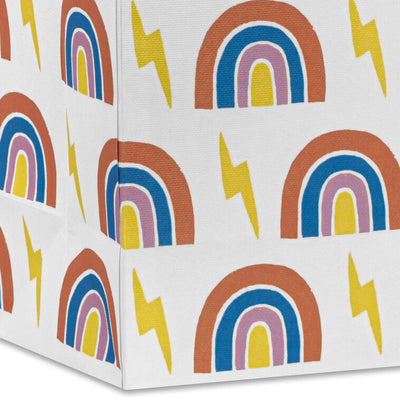 Small Hallmark gift bag with colorful rainbows and yellow lightning bolts on a white background with yellow ribbon handles.
