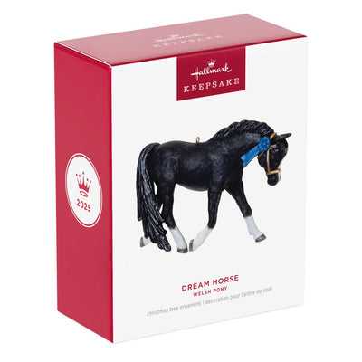 Glossy black Welsh Pony Christmas ornament with white socks and blaze, posed in extended trot, equestrian gift

