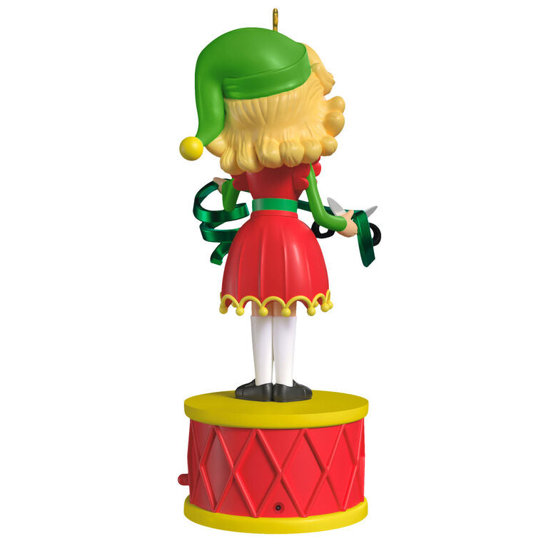 Jovie ornament, Elf movie character in red dress with green scarf, Hallmark Keepsake, Christmas tree decoration, light and sound feature.