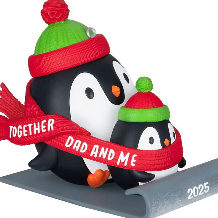 2025 Christmas ornament of dad and child penguins sledding, red scarf with sweet message, festive holiday decoration

