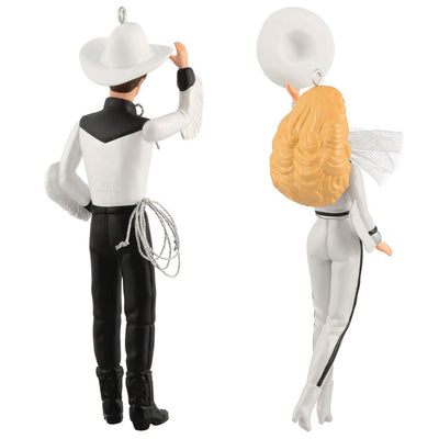 Barbie and Ken Western Stars ornaments in black and white cowboy outfits, hats, boots, and silver accents, Hallmark Keepsake set of 2.