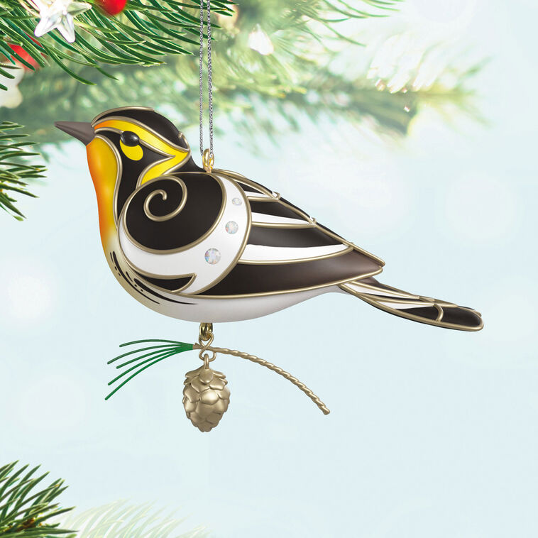 The Beauty of Birds Blackburnian Warbler Christmas tree ornament with black and yellow feathers, metallic silver accents, gem