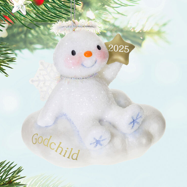 Sparkling snow angel Christmas ornament holding a gold 2025 star, seated on a cloud, for godchild holiday keepsake

