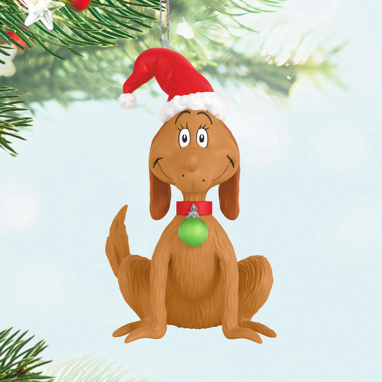 Mini Max dog ornament with Santa hat and green collar tag, Grinch’s loyal companion, Hallmark Dr. Seuss Christmas collectible
