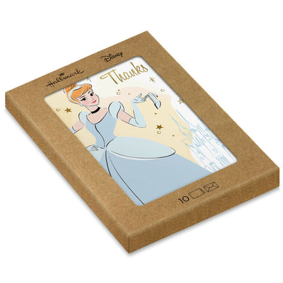 Thank-you cards featuring Disney’s Cinderella in her ball gown with a glass slipper, gold foil stars, and castle sketch.
