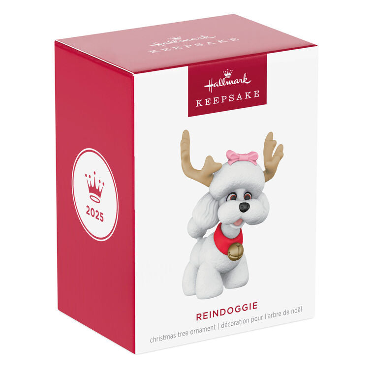 White poodle Christmas ornament wearing reindeer antlers and jingle bell collar, festive holiday decoration

