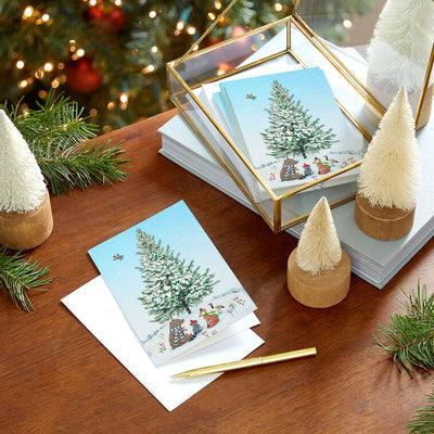 Woodland Critters Around a Snowy Tree Packaged Christmas Cards, Set of 5