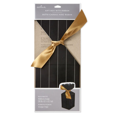 Hallmark vertical treat box with black and gold pinstripes, scalloped top, and gold ribbon tie—perfect for elegant gifts or party favors.