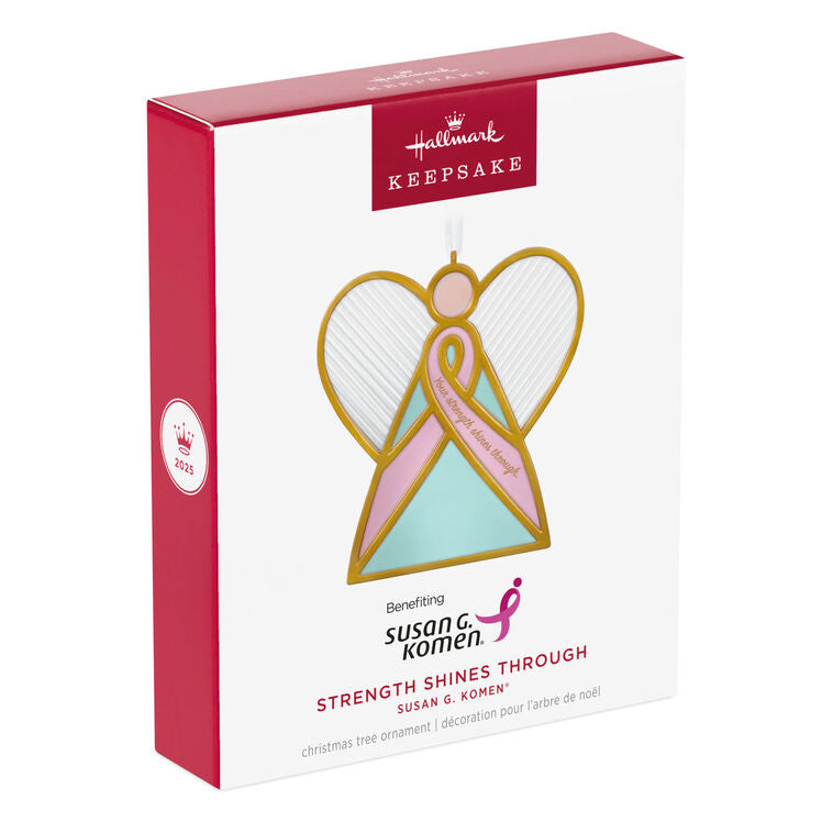 Pink ribbon angel ornament—Hallmark glass angel with gold outlines and pink breast cancer awareness ribbon, benefits Susan G. Komen®