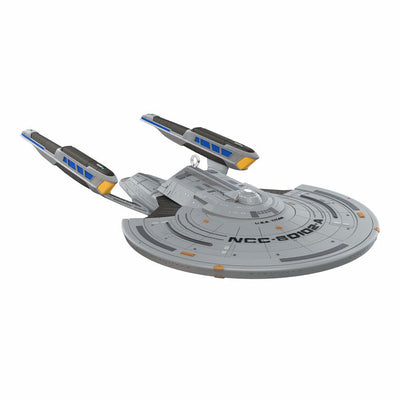 U.S.S. Titan-A starship ornament from Star Trek Picard, Constitution III-class, silver with blue accents, Hallmark collectible
