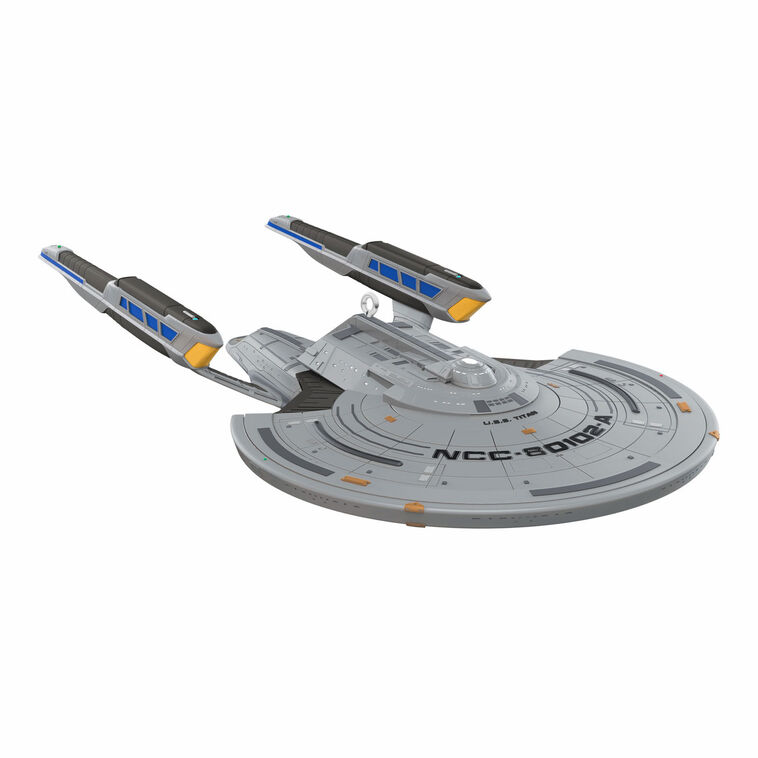 U.S.S. Titan-A starship ornament from Star Trek Picard, Constitution III-class, silver with blue accents, Hallmark collectible
