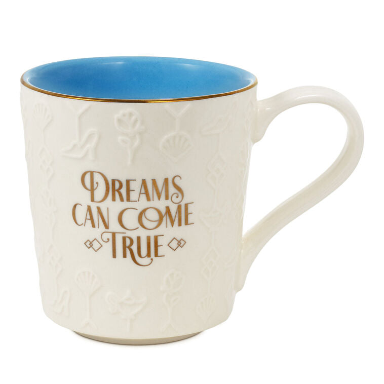 White ceramic Disney Princess mug with gold foil accents, embossed movie icons, and “Dreams can come true” message, 13 oz.